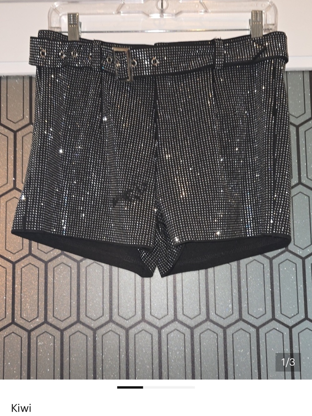 Kiwi Black Rhinestone High-Waist Belted Shorts